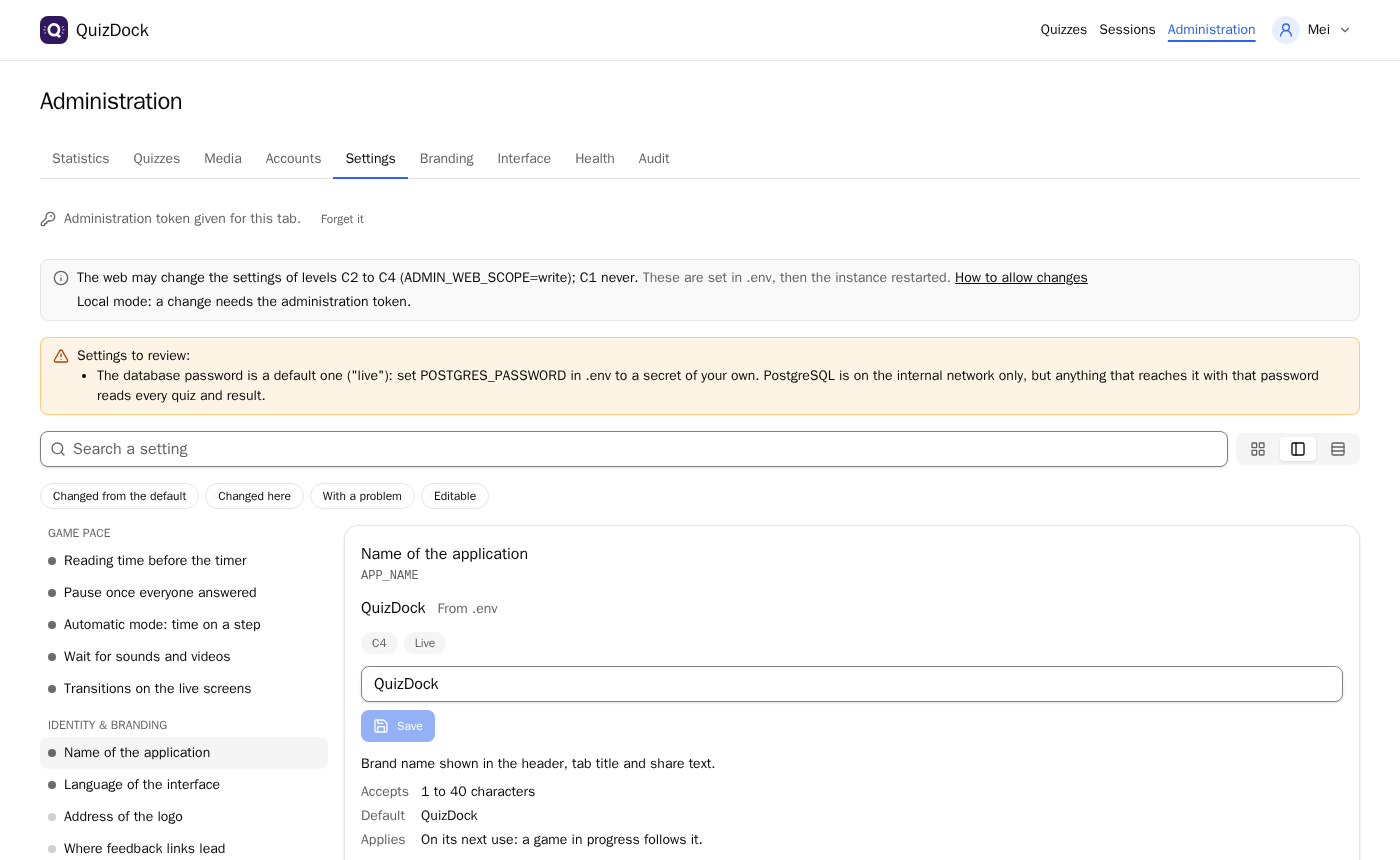 The Settings page of the administration: a list of settings by category, and the selected one with its value, level C4, when it applies and its help