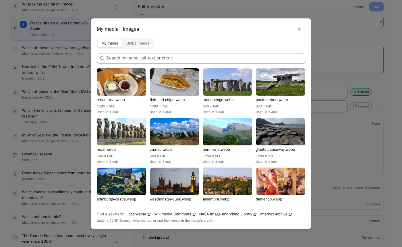 The media library in the editor: My media and Global media tabs, a search field, image thumbnails with their size and how many quizzes use them, and links to free libraries