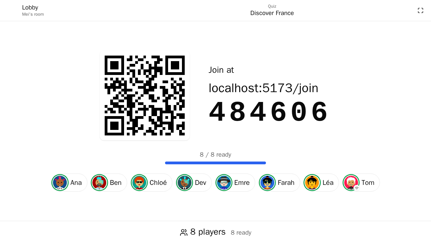 The projection lobby, with the join address, the PIN and a QR code