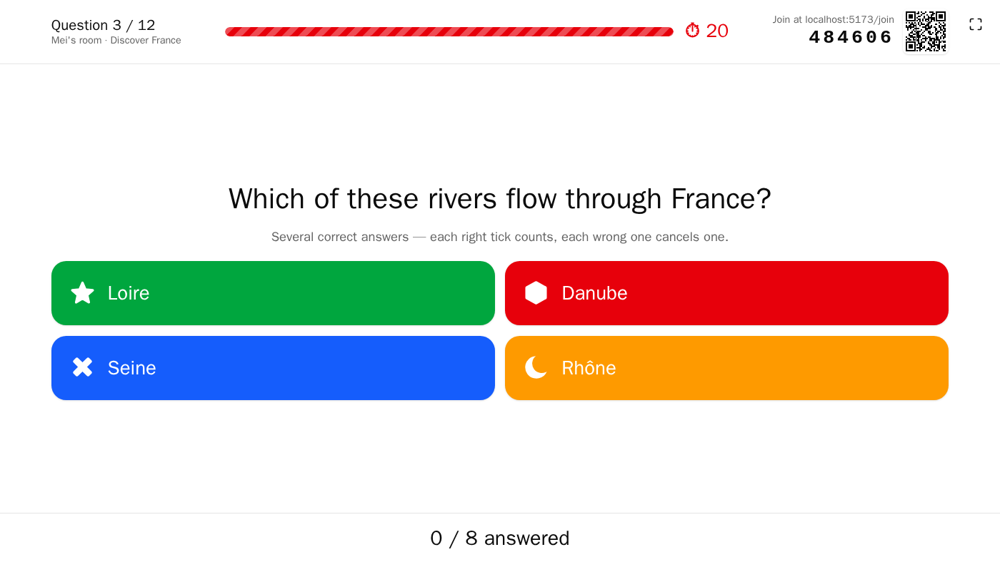 The big screen during a question, with the timer and the answers